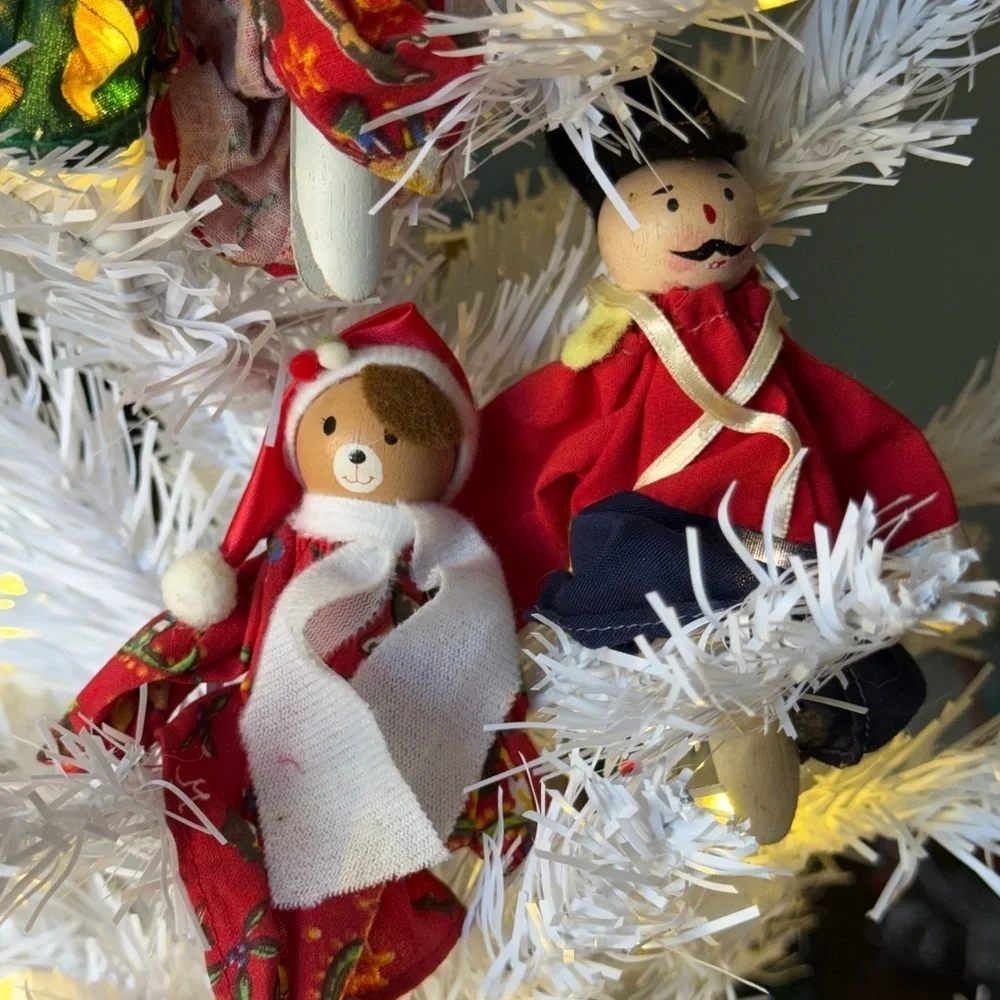 Vintage 1968 Festive Holiday Bear Nutcracker Wood Ornaments Clip Set